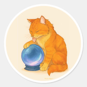Adesivo Redondo Gato laranja tabby com bola de cristal azul