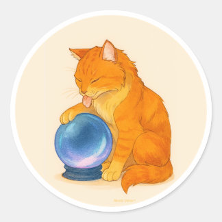 Adesivo Redondo Gato laranja tabby com bola de cristal azul