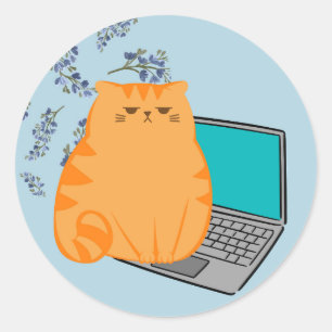 Adesivo Redondo Gato Laranja Trabalhando