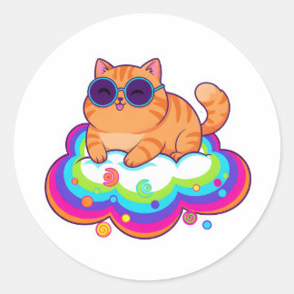 Adesivo Redondo Gato Laranja Travesso Blep na Nuvem Arco-íris