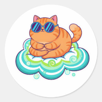 Adesivo Redondo Gato Laranja Zen Meditando na Nuvem Turquesa