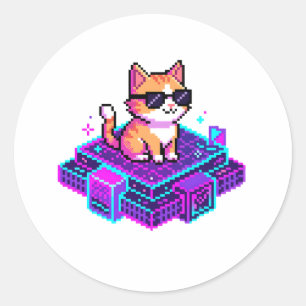 Adesivo Redondo Gato Legal com Óculos de Sol em Pixel Art Fofa