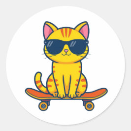 Adesivo Redondo Gato Legal de Skate Usando Óculos de Sol Cartoon