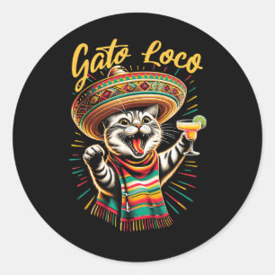 Adesivo Redondo Gato Loco Sombrero Cat Cinco De Mayo Engraçado