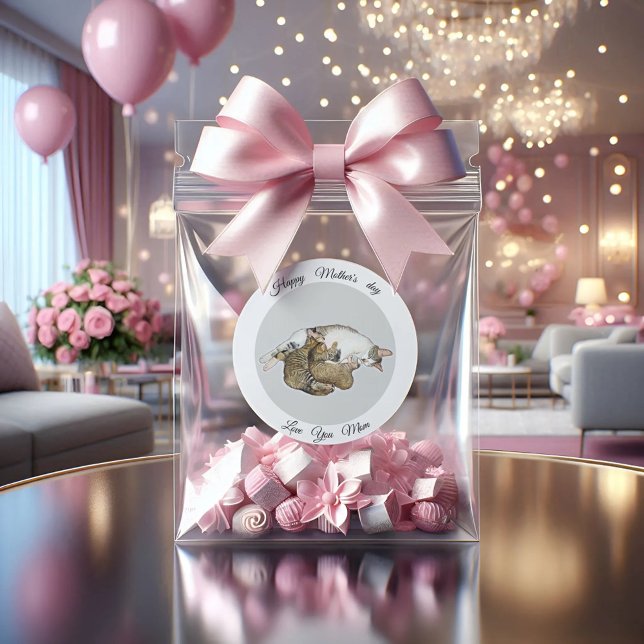 Adesivo Redondo Gato-mãe bonito e gatinhos com palheta redonda per (Criador carregado)