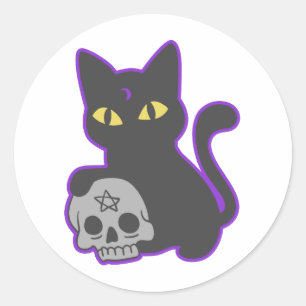 Adesivo Redondo Gato mágico com crânio fantasma - Escolher cor