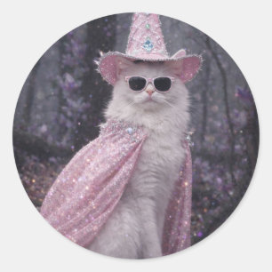 Adesivo Redondo Gato Mágico Feiticeiro em Capa e Chapéu Rosa Brilh