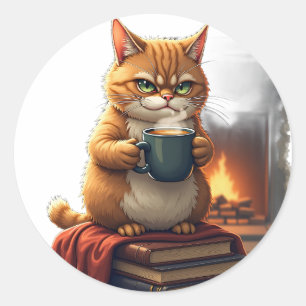 Adesivo Redondo Gato Mal-Humorado Viciado em Café Rotina Matinal V
