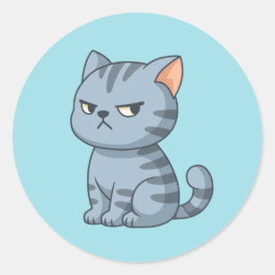 Adesivo Redondo Gato Malhado Cinza Mal-Humorado em Azul