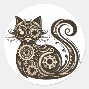 Adesivo Redondo Gato Mecânico Steampunk