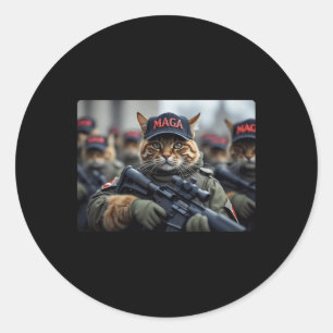 Adesivo Redondo Gato Mega Engraçado Com Rifle - Donald Trump Humor