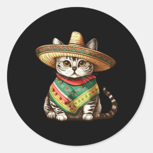 Adesivo Redondo Gato Mexicano Usando Chapéu Sombrero E Poncho Cinc