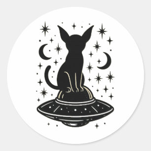 Adesivo Redondo Gato Místico em OVNI com Estrelas e Luas