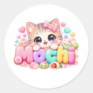 Adesivo Redondo Gato Mochi Kawaii Fofo Nome Rosa Pastel Brilhante 
