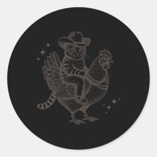 Adesivo Redondo Gato Montado em Frango, Gato Cowboy Engraçado em u