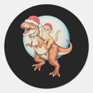 Adesivo Redondo Gato Montando Dinossauro T Rex Lua Natal