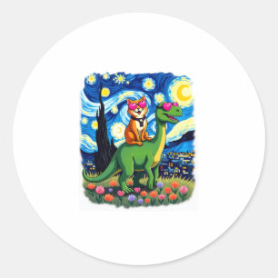 Adesivo Redondo Gato Montando Dinossauro T-Rex Noite Estrelada Ama