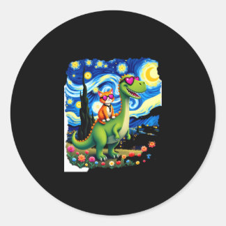 Adesivo Redondo Gato Montando Dinossauro T-Rex Noite Estrelada Ama