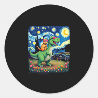Adesivo Redondo Gato Montando Dinossauro T-Rex Noite Estrelada Ama