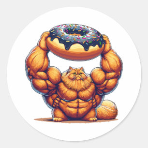 Adesivo Redondo Gato Musculoso Levantando Donut