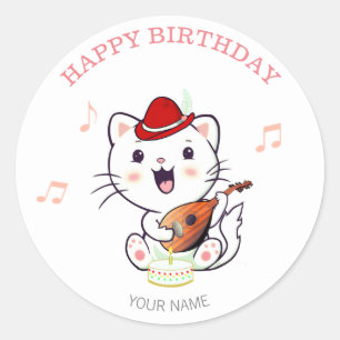Adesivo Redondo Gato Musical Fofo com Bandolim de Aniversário