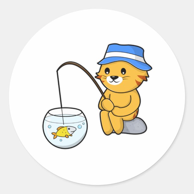 Adesivo Redondo Gato na pesca com Peixe em Vidro (Frente)