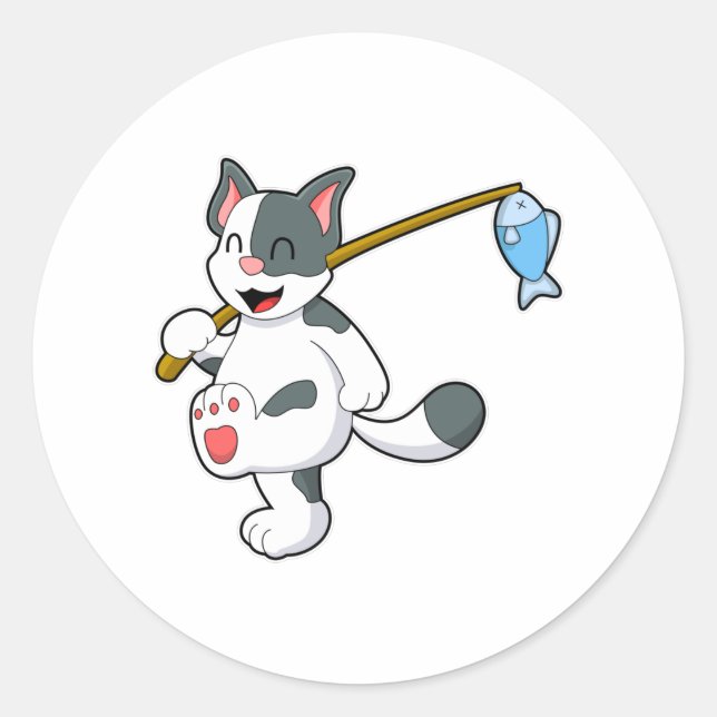 Adesivo Redondo Gato na pesca com vara de pesca (Frente)