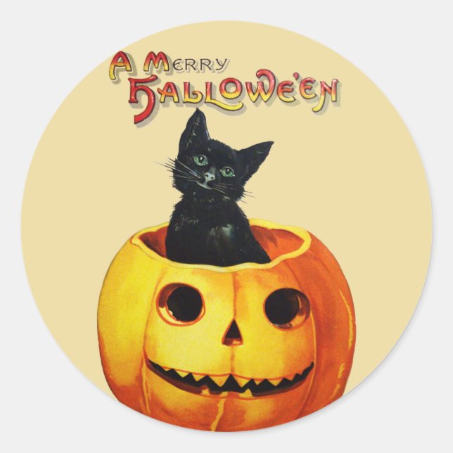 Adesivo Redondo Gato na Pumpkin Vintage Halloween Stickers (Frente)