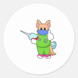 Adesivo Redondo Gato na Vacinação com Seringa