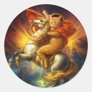 Adesivo Redondo Gato Napoleão Cavalgando Cavalo Através da Galáxia