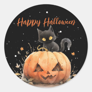 Adesivo Redondo Gato Negro Bonito no Halloween de Pumpkin