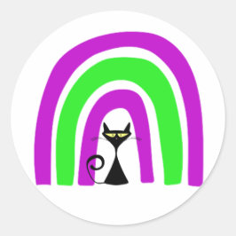 Adesivo Redondo Gato Negro Com Arco-Íris Colorido De Halloween