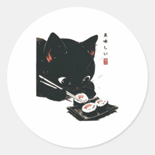 Adesivo Redondo Gato Negro Comendo Sushi - Gato Japonês