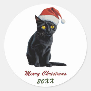 Adesivo Redondo Gato Negro de Natal bonito e personalizado com Pap