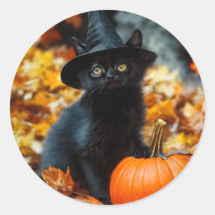 Adesivo Redondo Gato Negro e Abóbora do Halloween