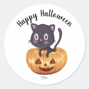 Adesivo Redondo Gato Negro em Pumpkin Vinheta de Halloween