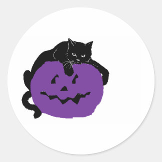 Adesivo Redondo Gato Negro Em Uma Pumpkin Roxo