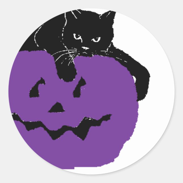 Adesivo Redondo Gato Negro Em Uma Pumpkin Roxo (Frente)