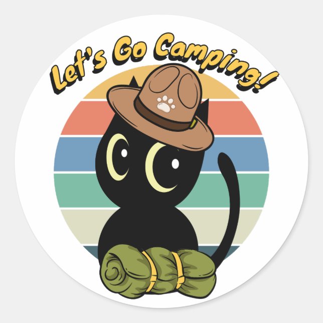 Adesivo Redondo Gato negro engraçado quer ir acampar (Frente)