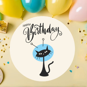 Adesivo Redondo Gato Negro Feliz Aniversário Feliz