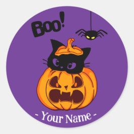 Adesivo Redondo Gato Negro Fofo Personalizado no Jack O' Lantern B