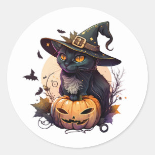 Adesivo Redondo Gato Negro Jack-O-Lanterna e Gatos