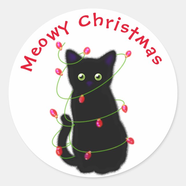 Adesivo Redondo Gato negro | Meowy Christmas | Luzes cintilantes (Frente)