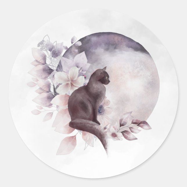 Adesivo Redondo Gato Negro por uma Lua Mágica Cheia (Frente)