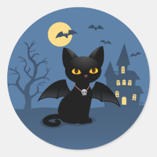 Adesivo Redondo Gato Negro Vampiro do Halloween com Asas