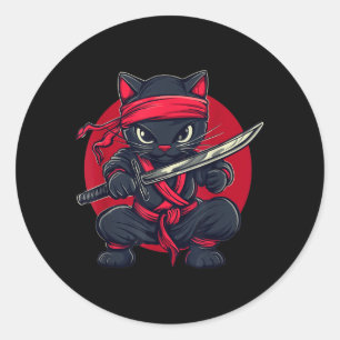 Adesivo Redondo Gato Ninja Samurai Japão Bandeira Japonesa Kawaii