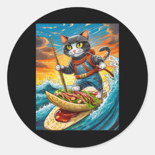 Adesivo Redondo Gato Ninja Surfando Uma Prancha De Surf De Taco Co