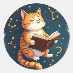 Adesivo Redondo Gato No Espaço Lendo Livro Cósmico Booktok Astrono