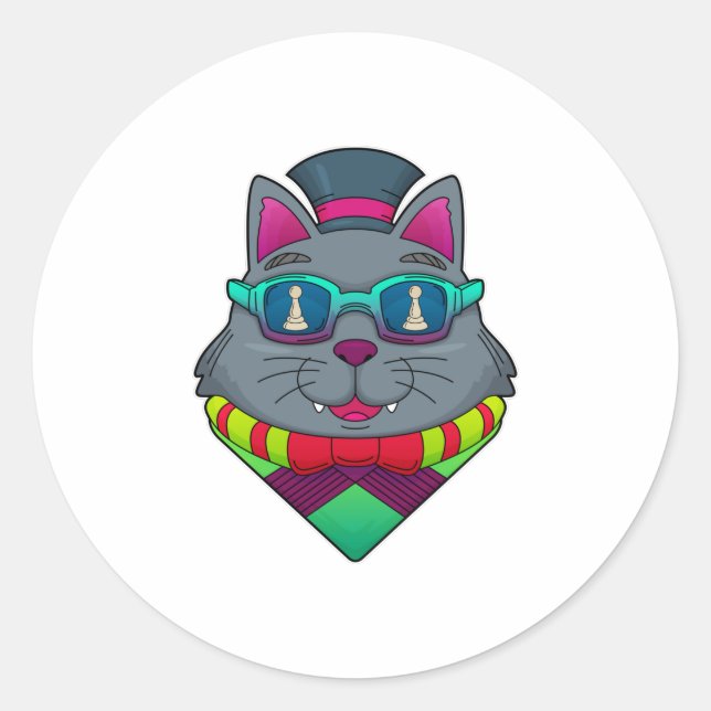 Adesivo Redondo Gato no Xadrez com Peão de Xadrez (Frente)