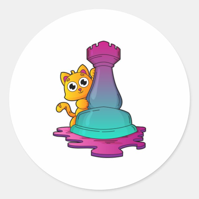 Adesivo Redondo Gato no xadrez com torta de xadrez (Frente)
